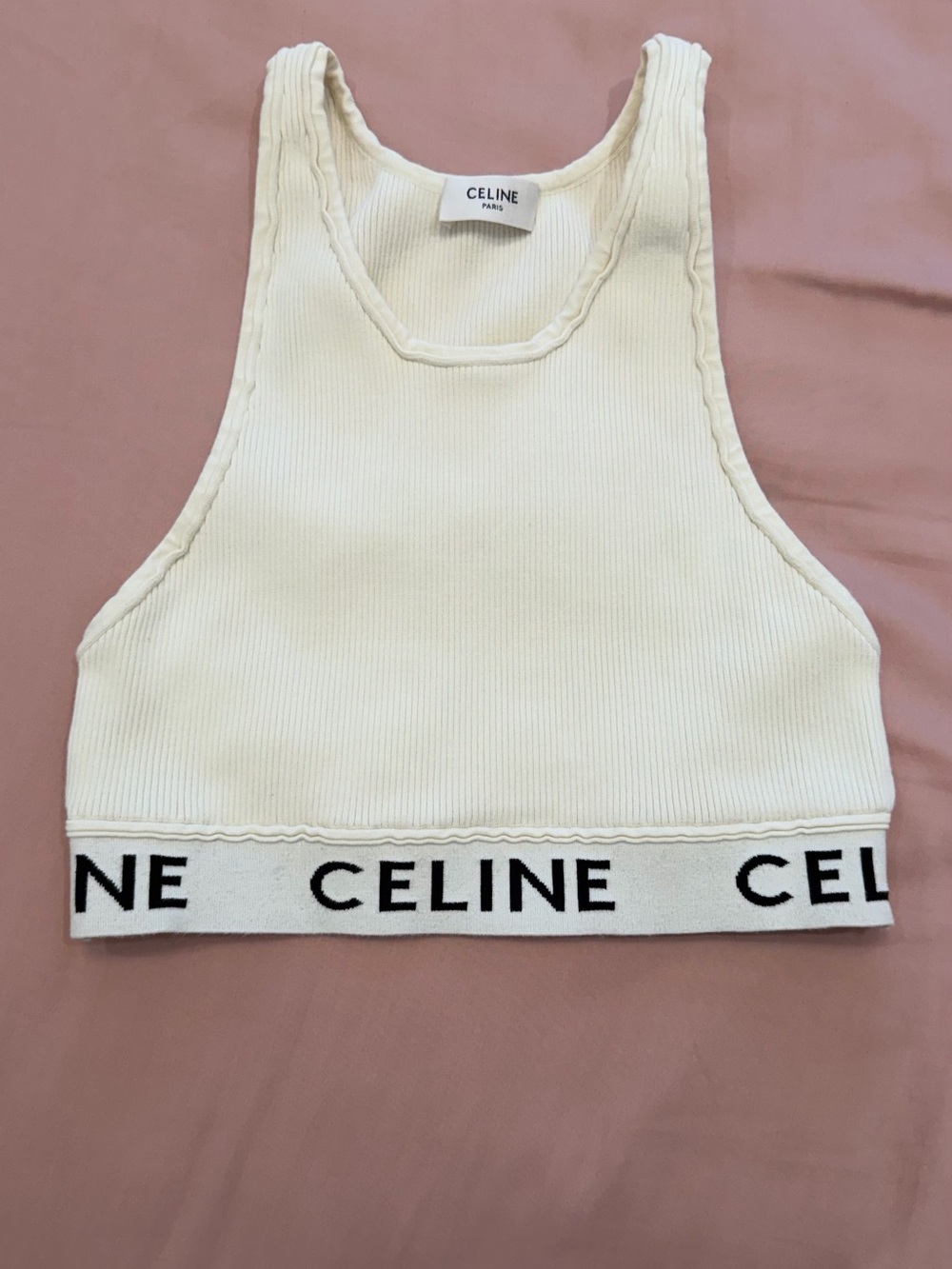 CELINE Cream Ribbed Racerback Logo Band Crop Top - Picture 2 of 4